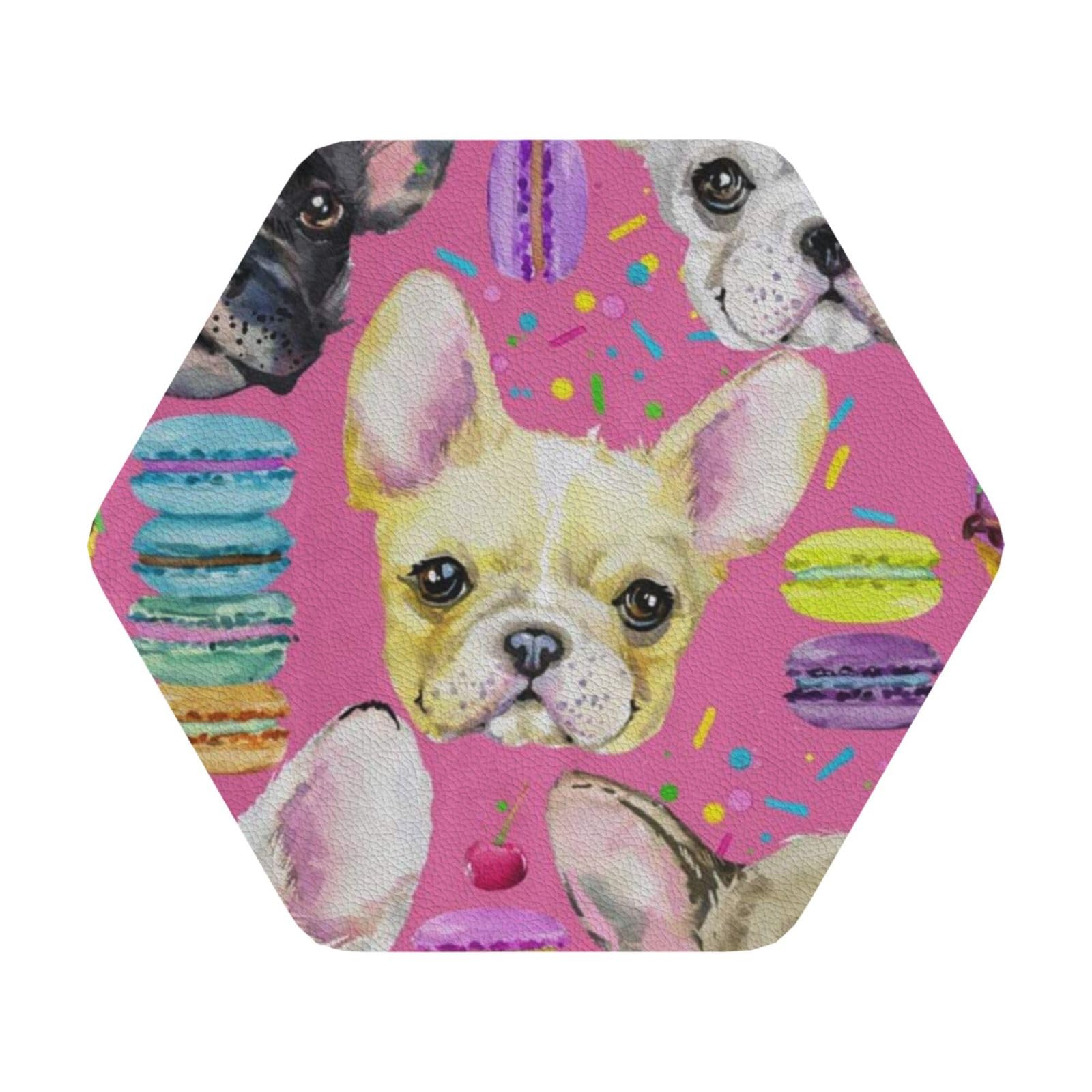 animal dog PU Leather Coasters Set of 6 Hexagon Drink Coasters