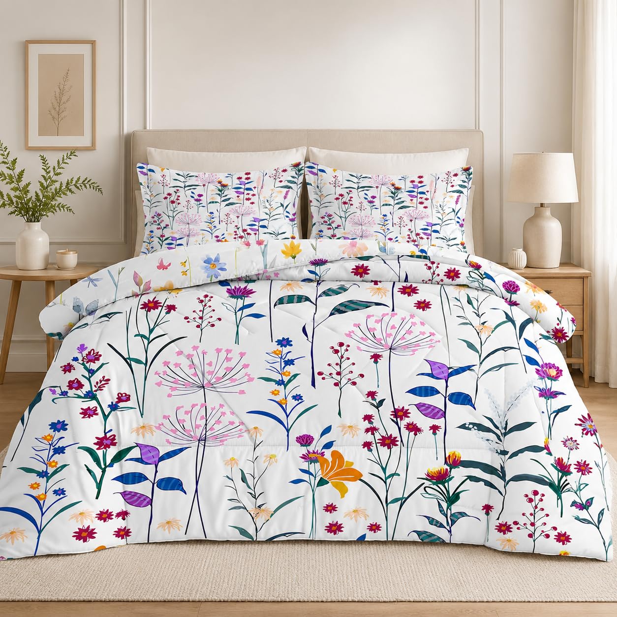 LSSLK Purple Florals Super King Duvet Reversible Coverless Duvet SuperKing Size, Soft All Seasons Comforter Machine Washable Microfiber Quilt with 2 Pillowcases, 220x260 cmGreen Leaves