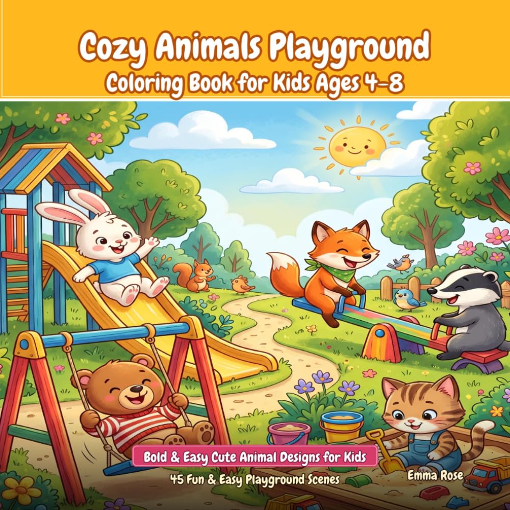 Cozy Animals Playground Coloring Book for Kids Ages 4-8: Bold & Easy Cute Animal Designs for Kids