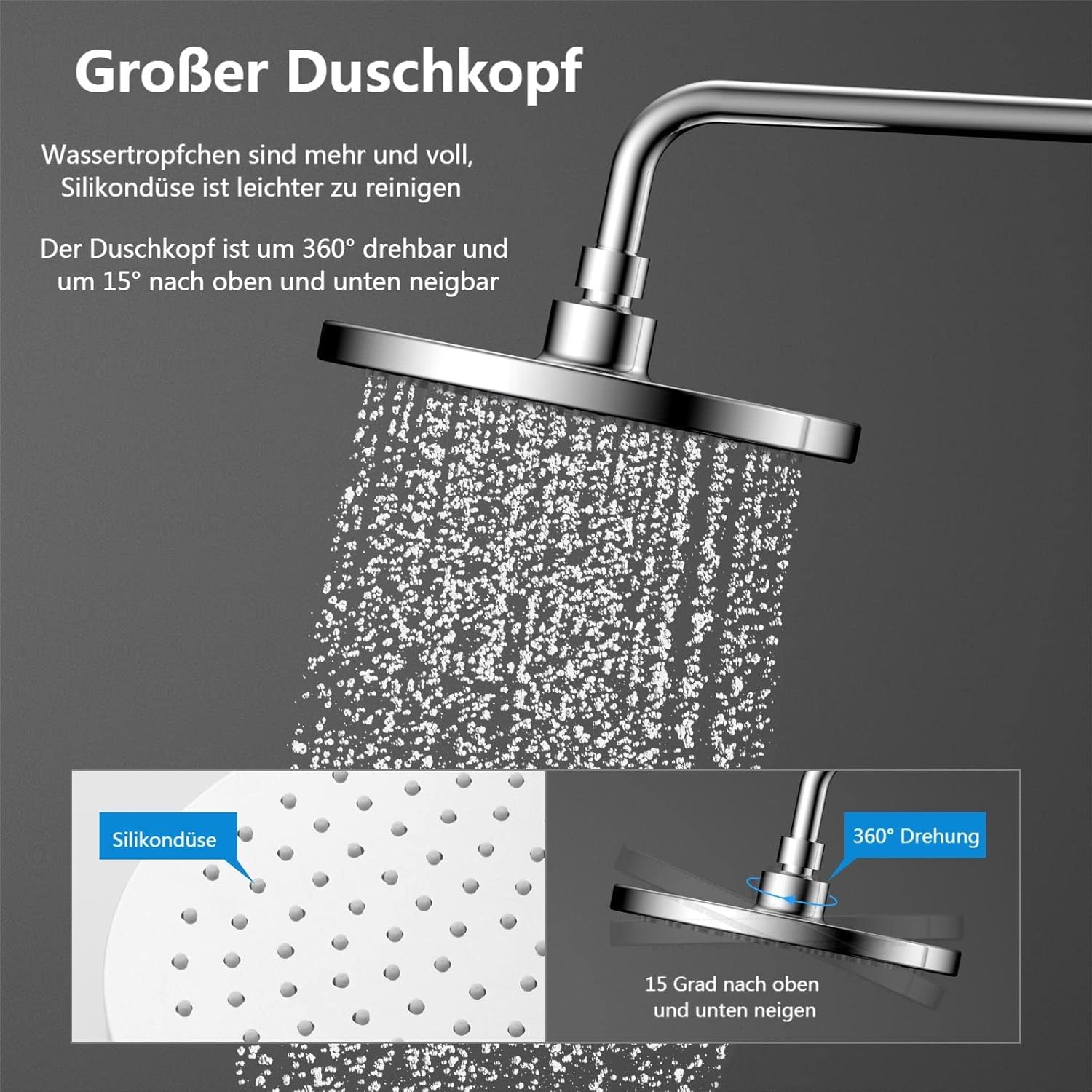 YOOZENA Duscharmatur Komplettset, Duschsystem（Duscharmatur mit Thermostat，Kopfbrause, Duschkopf mit Schlauch und Halterung）Regendusche mit armatur, Chrome