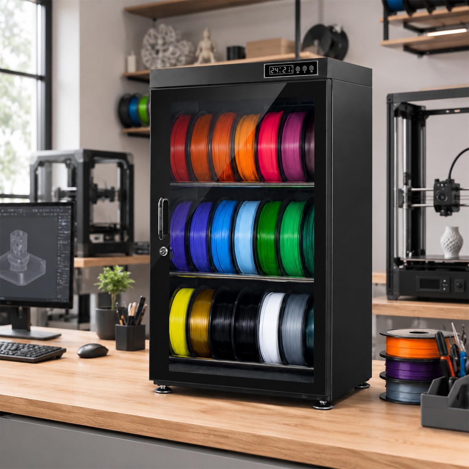 21-Spulen 3D-Drucker Filament-Trocknungsbox mit Intelligenter Feuchtigkeitskontrolle (RH15%-RH60%), Versiegelter Dehydrator für PLA, ABS, PETG, TPU, für Zuhause und Studio