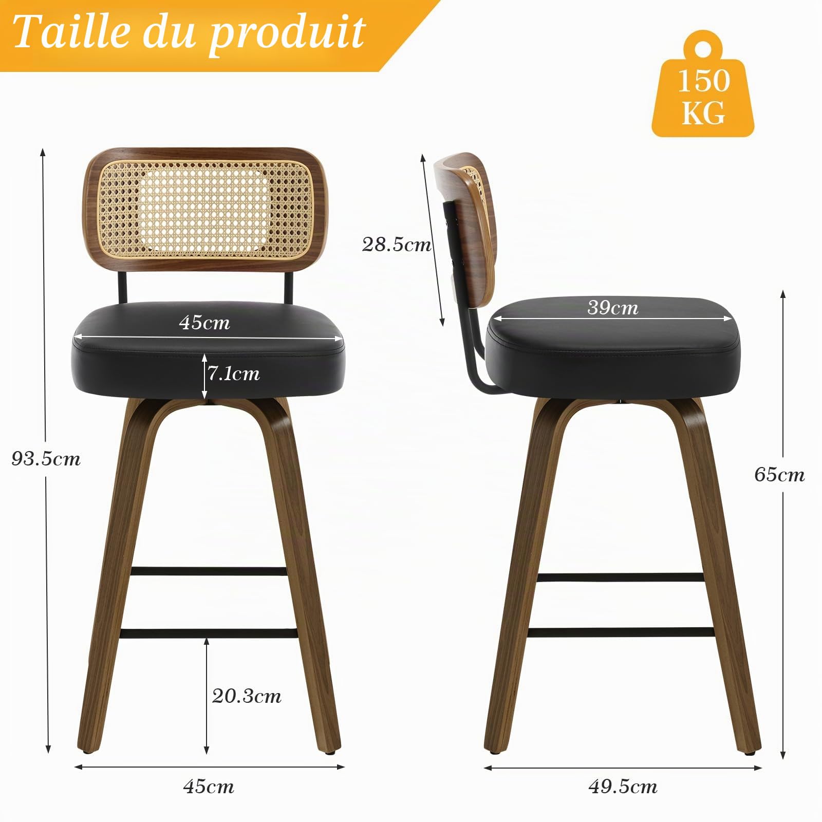 Bekrvio Lot de 2 tabourets de bar avec dossier, hauteur d'assise 65 cm, rotatif à 360°, tabouret de bar en rotin en bois avec siège extra épais (7,1 cm), 4 pieds stables, chaise de bar pour îlot de