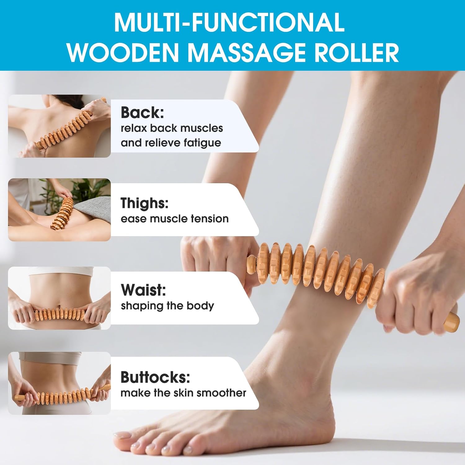 Wood Massage Roller for Waist Thigh Back, Wood Therapy Massage Tools, Cellulite Roller,Fascia Blaster, for Lymphatic Drainage,Blood Circulation,Stress and Pain Relief (Curved) - Image 2