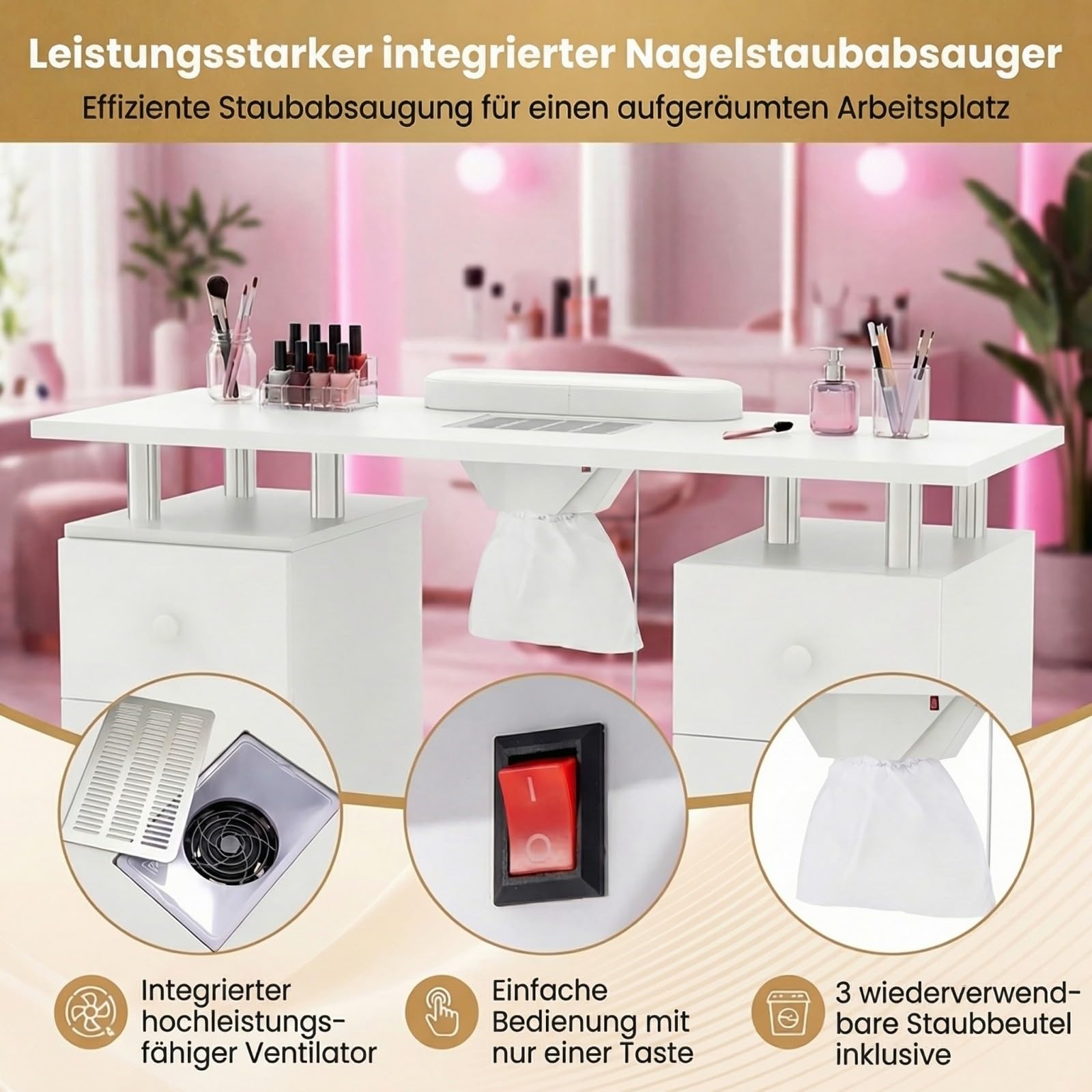 RELAX4LIFE Nageltisch, Manikürtisch mit Staubabsaugung, Handauflage & 3 Staubbeuteln, Nagel Tisch mit Schrank & 4 Schubladen, Maniküretisch mit abschließen Rollen für Nagelstudio & Maniküre (Weiß)