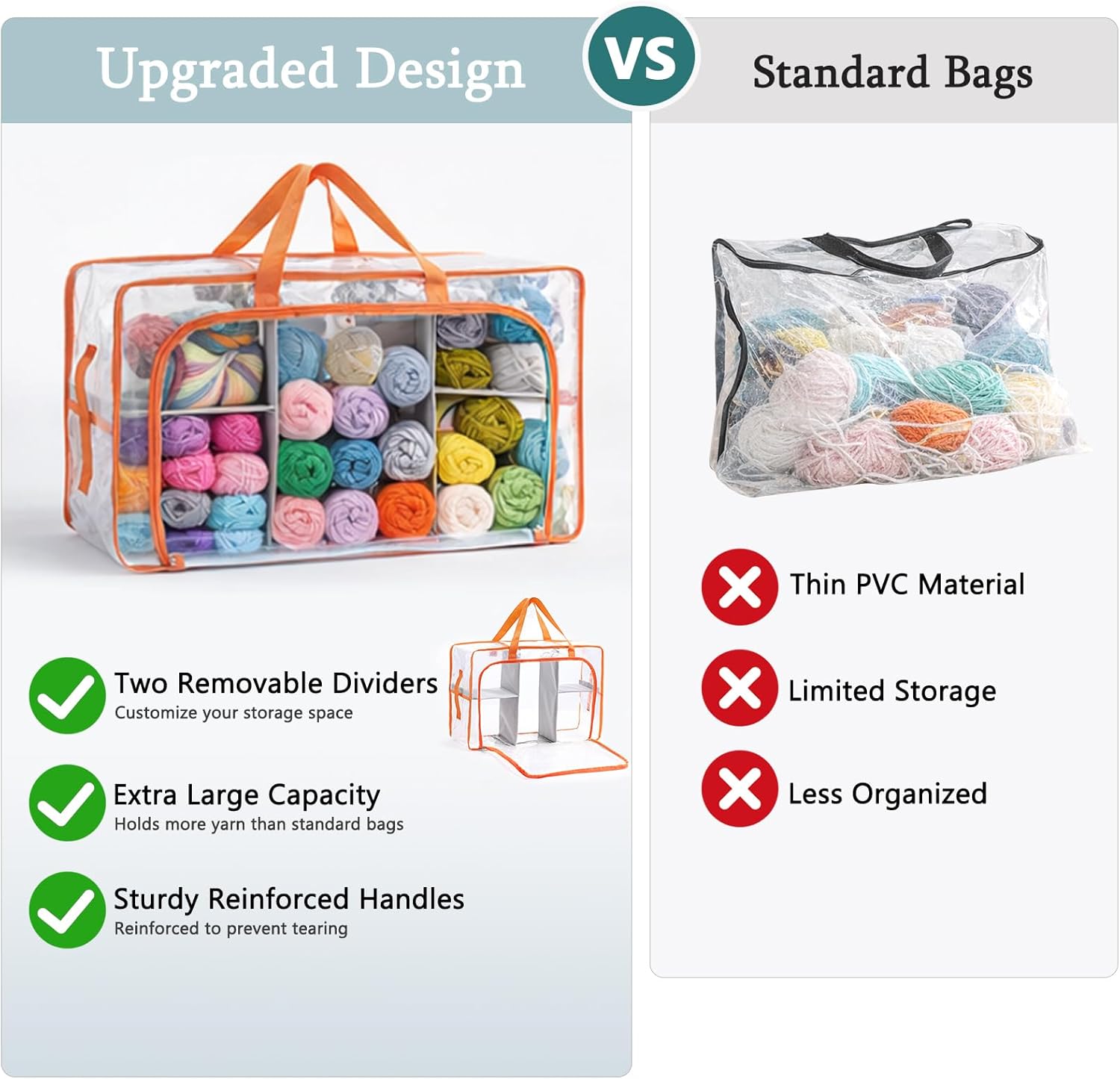 MYBAGZING Clear Yarn Storage Bags, 21" Large Flat Under Bed Yarn Organizer with Zipper & Handles, Stackable Knitting and Crochet Storage for Closet Shelves, Craft Room, Yarn Skeins, Hooks & Needles