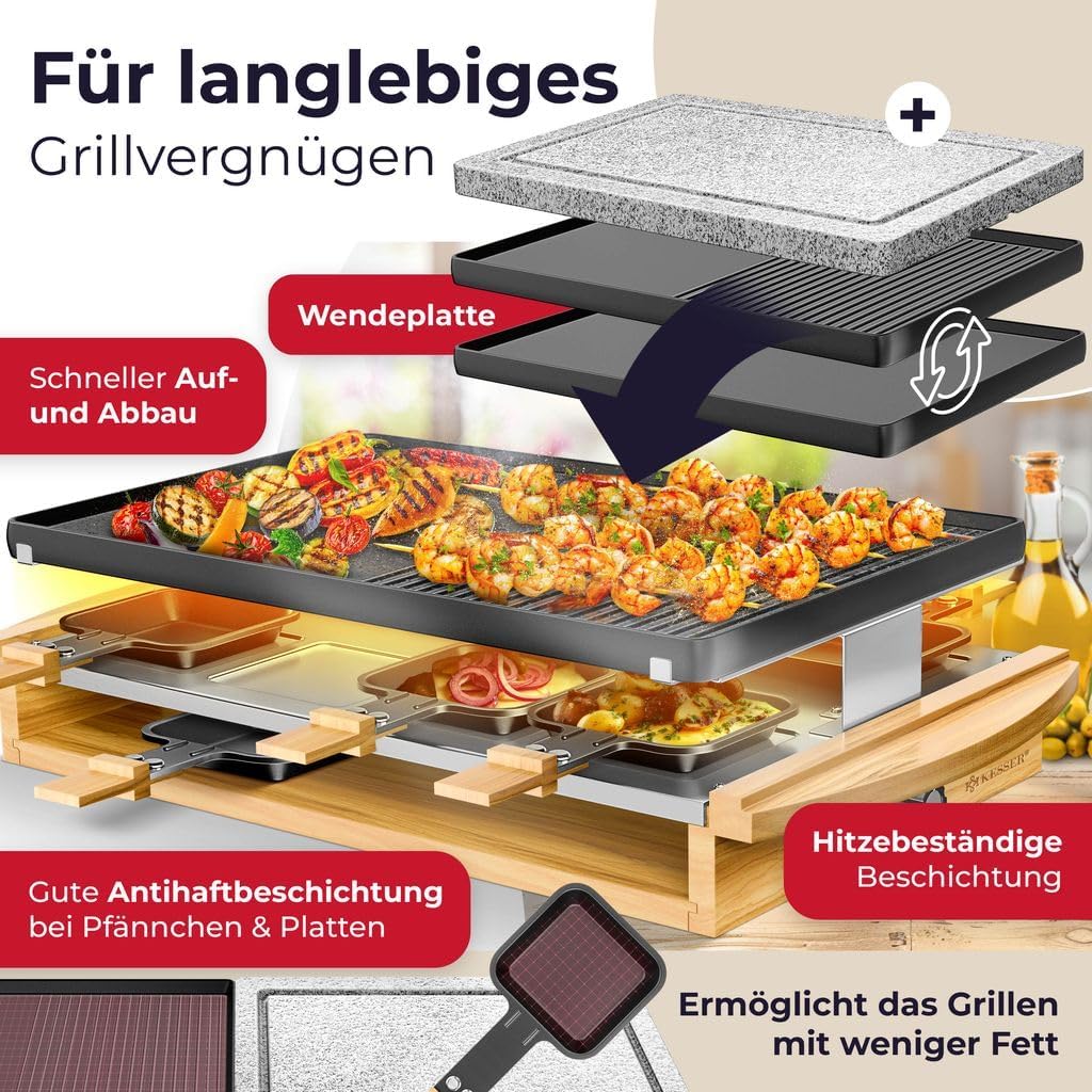 KESSER Raclette Grill with Natural Stone, Table Grill Plate for 8 People, Electric Raclette Grill with Non-Stick Plate, 8 Pots and Wooden Spatula 1200W