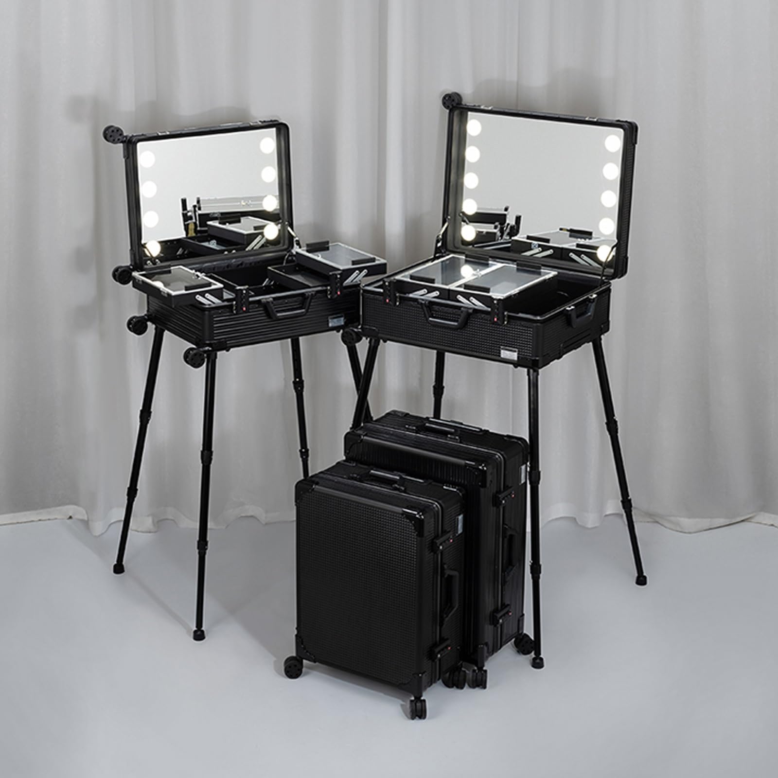 Generico Wózek kosmetyczny z kółkami, bardzo duży aluminiowy wózek ze zintegrowanymi diodami LED, profesjonalny organizer kosmetyków, studio ze stojakiem, podświetlana stacja do makijażu z kółkami,