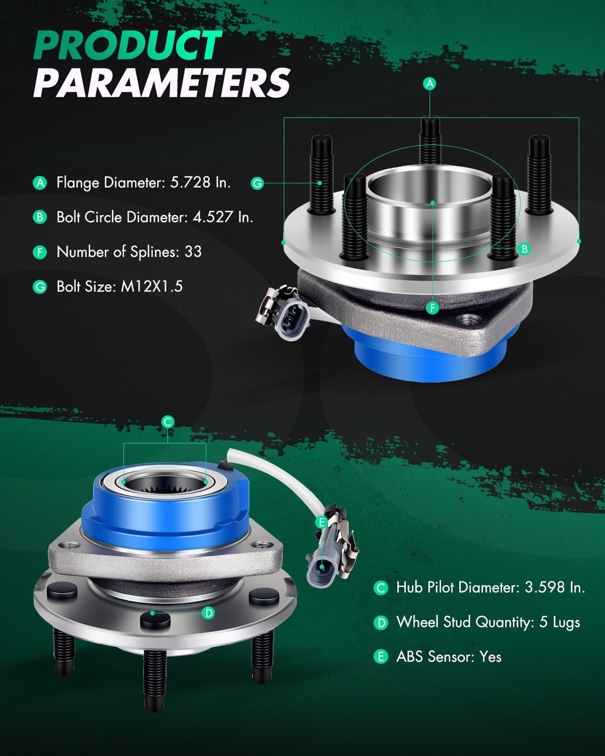 SCITOO 2pcs Front Wheel hub Bearing 513121 for Buick Lacrosse,Lesabre,Park Avenue,Rendezvous,Riviera for Cadillac DeVille,Eldorado for Chevrolet Impala for Pontiac Grand Prix 5 Lugs W/ABS
