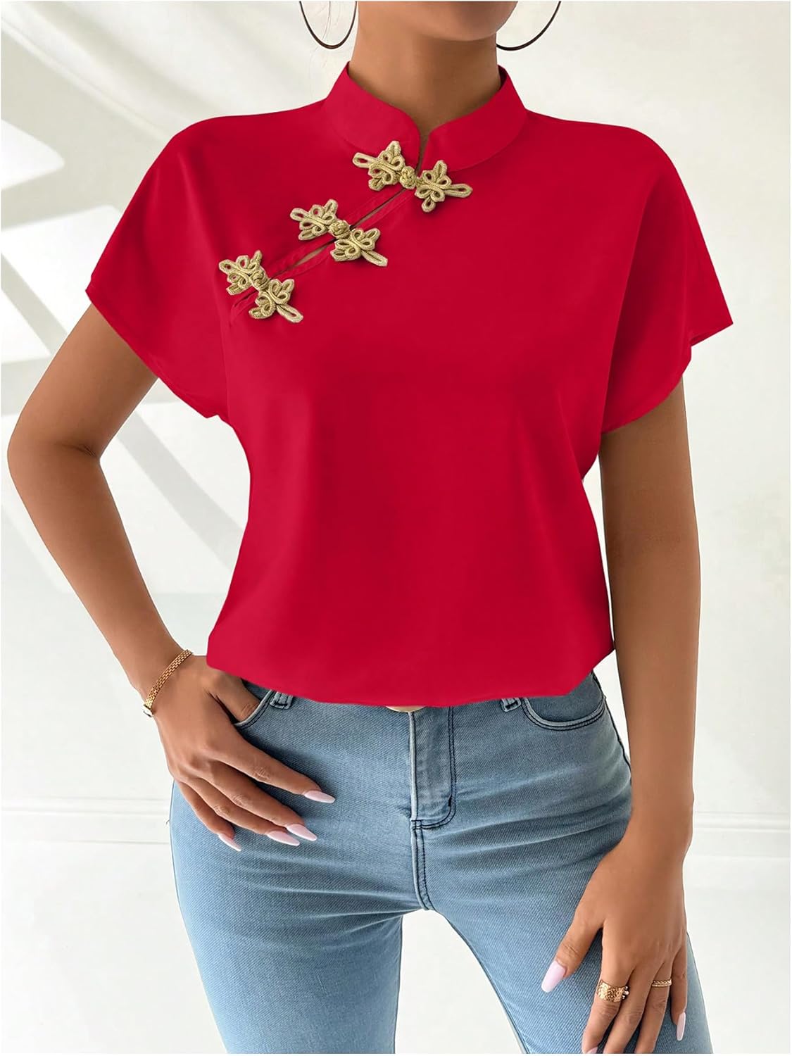 MakeMeChic Women's Summer Cheongsam Tops Mock Neck Buckle Short Sleeve Blouse Shirt - Image 3