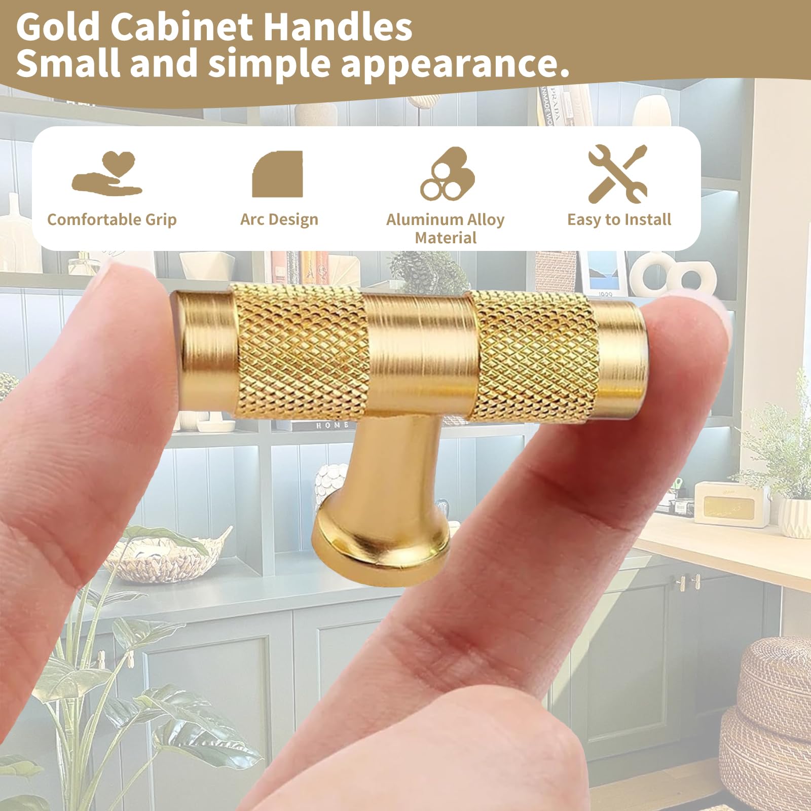 Xiciki 10 Pcs Gold Kitchen Door Knobs, 50mm Length Single Hole Drawer Cabinet Handles - Image 4