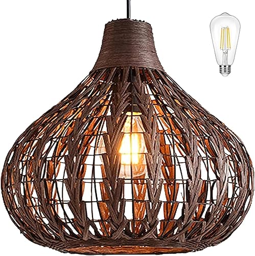 Lámpara de bambú tejida a mano de ratán colgante de mimbre, lámpara de techo, lámpara colgante de tejido D13.8 pulgadas, bombilla de maíz de 12 W