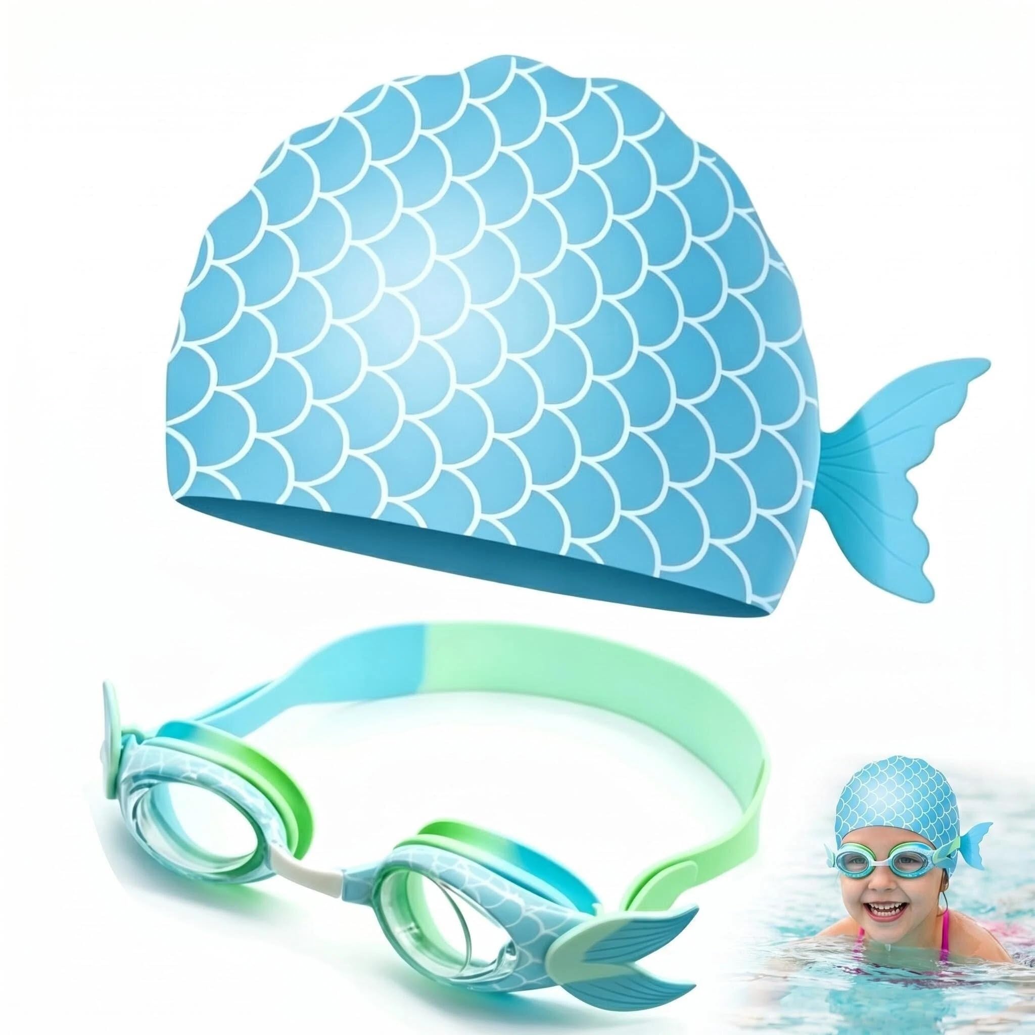 Mermaid Kids Swimming Goggles and Swimming Cap Set, Children's Swim Goggles Cap Kit for 3-14 Years Old Boys Girls, Comfortable Waterproof Swimming Set for Pool Beach Water Activities (Blue)