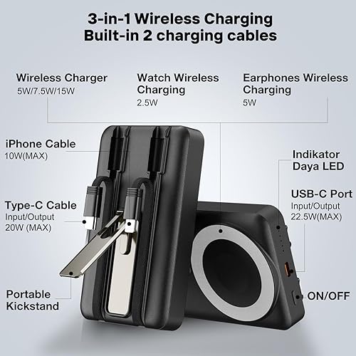 Miniatura 2 de Cargador portátil inalámbrico, banco de energía magnético 3 en 1 de 10000 mAh con cable USB-CiOS y soporte, batería de carga rápida de 22.5 W,