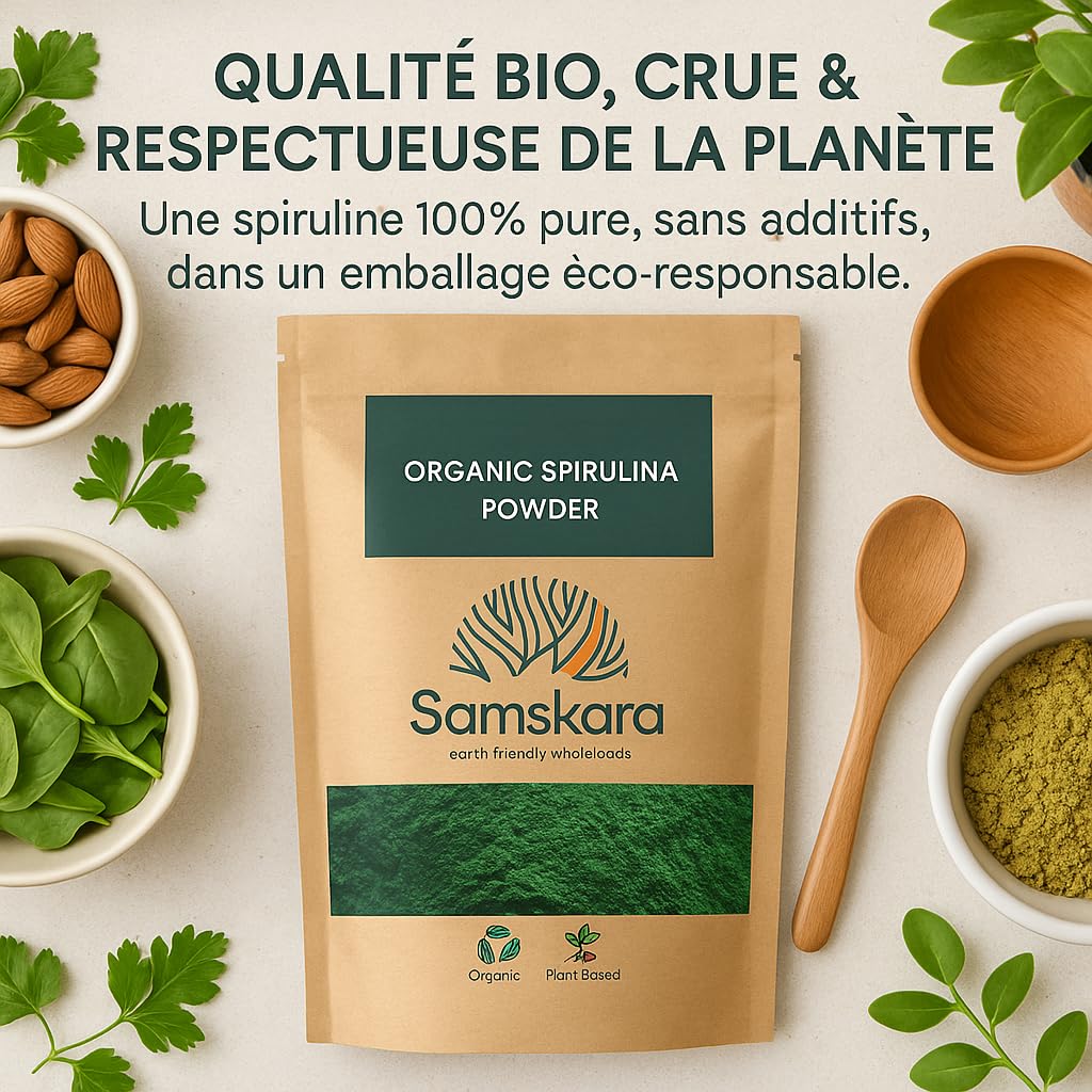 Spiruline en Poudre BIO Samskara | 63% Protéines | Superaliment Naturel | Spiruline Poudre Bio pour Smoothies, Yaourts, Recettes | Organic Spirulina Powder - 1 kg
