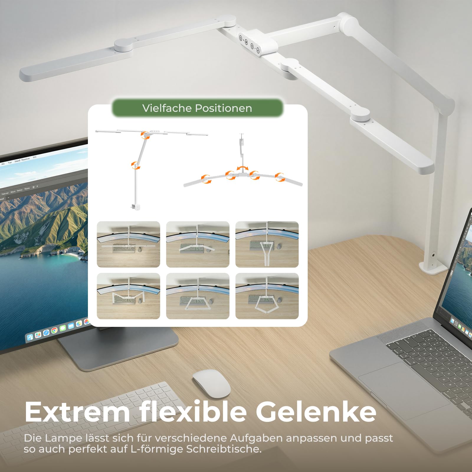 HOKO LED Schreibtischlampe, dimmbare Doppelkopf Klemmleuchte mit 1300 lm, 3000-6000 K, hohem CRI, 1050 mm ausziehbar für Dual Monitor, Homeoffice und L-Schreibtisch