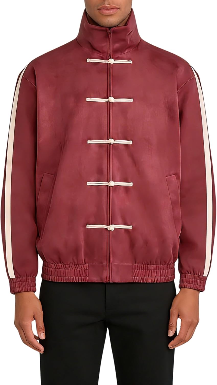 Chinese Style Jacket Stand Collar Zip Up Faux Suede Coat Striped Cuff Oversized Track Outerwear for Men and Women