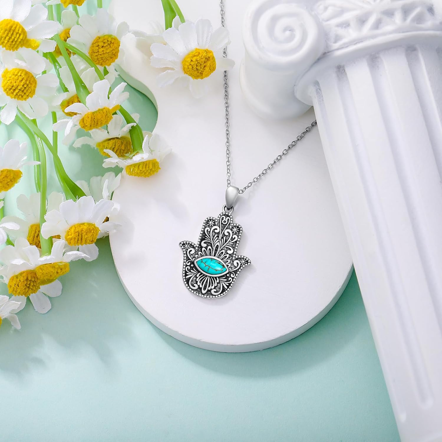 Turquoise Hamsa Necklace 925 Sterling Silver Hand of Fatima Evil Eye Pendant Vintage Turquoise Jewelry Gift for Women - Image 4