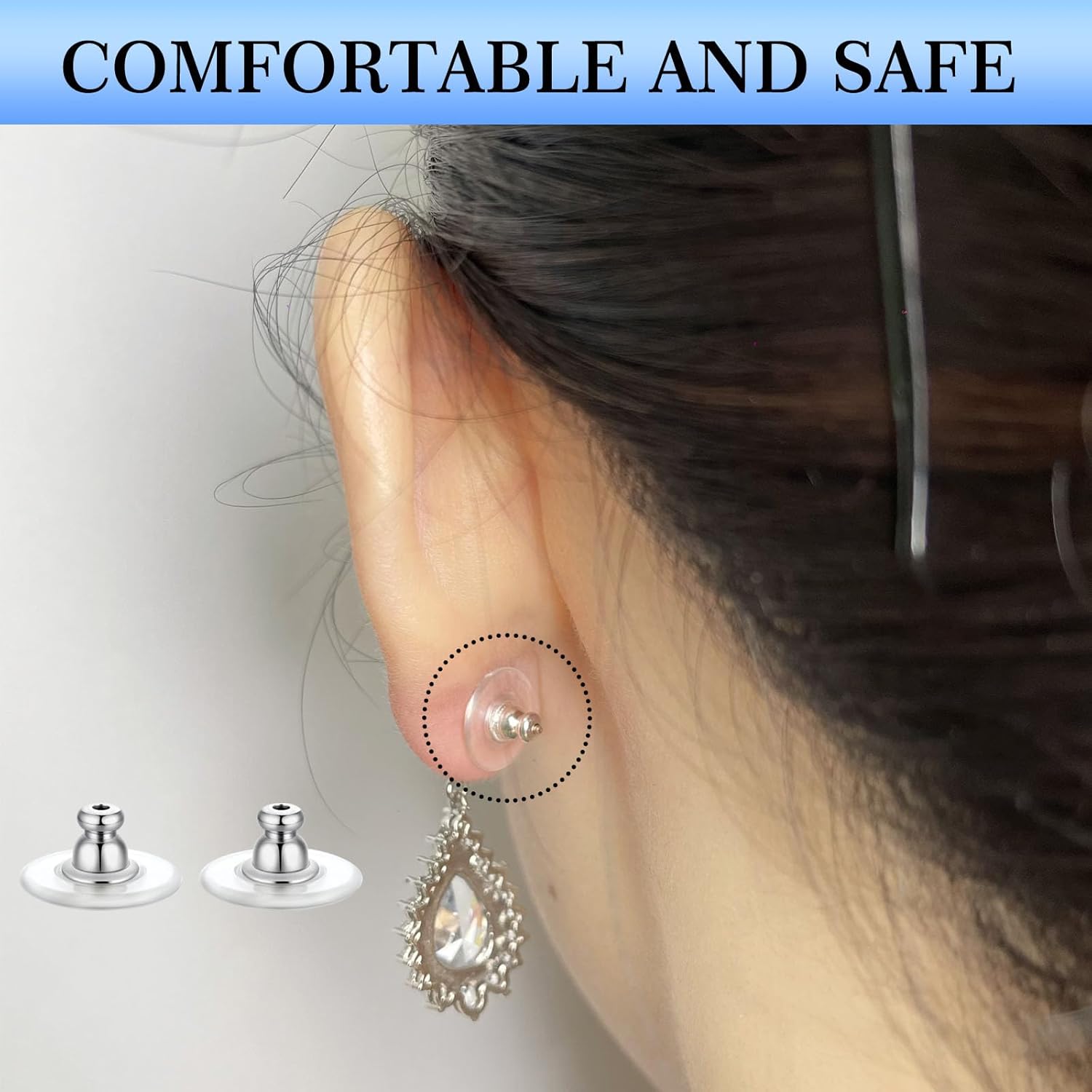 Big Earring Backs Replacement, 12mm Transparency Bullet Shape Locking Earring Backs for Heavy/Droopy Ears, Big Earrings Lifters Backers for Studs, White Gold - Image 5