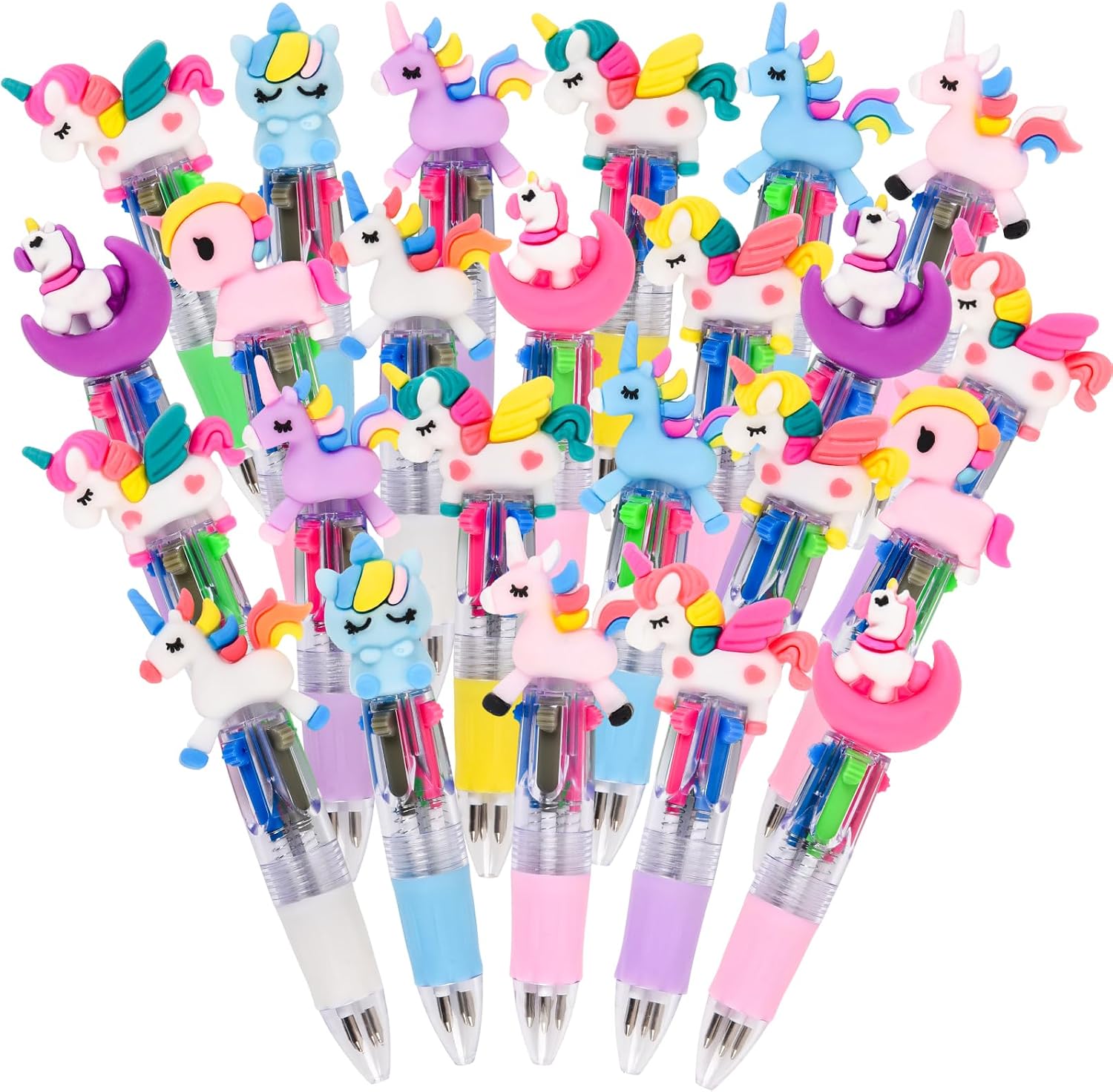 LiYiQ 24 Pcs Unicorn Party Favor Multicolor Pen in One Cartoon Cute 4-in-1 Pens Bulk Kawaii Various Unicorn Shapes Ballpoint Pens for Fun Gifts