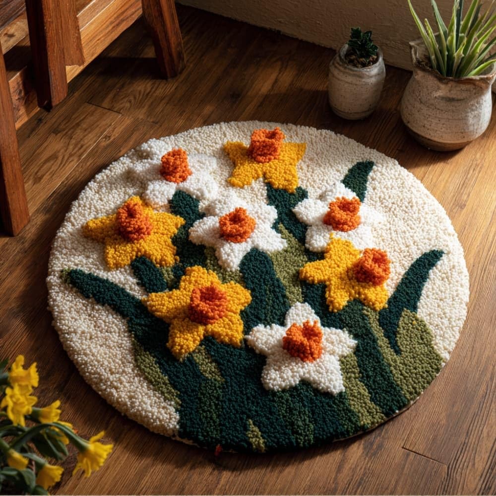 kitphoenix Round DIY Latch Hook Rug Kits Daffodils 20X20Inch (50X50Cm) Easy for Beginners Round Carpet Crochet Yarn Craft Large Rug Hook and Latch Tapestry for Home Decor