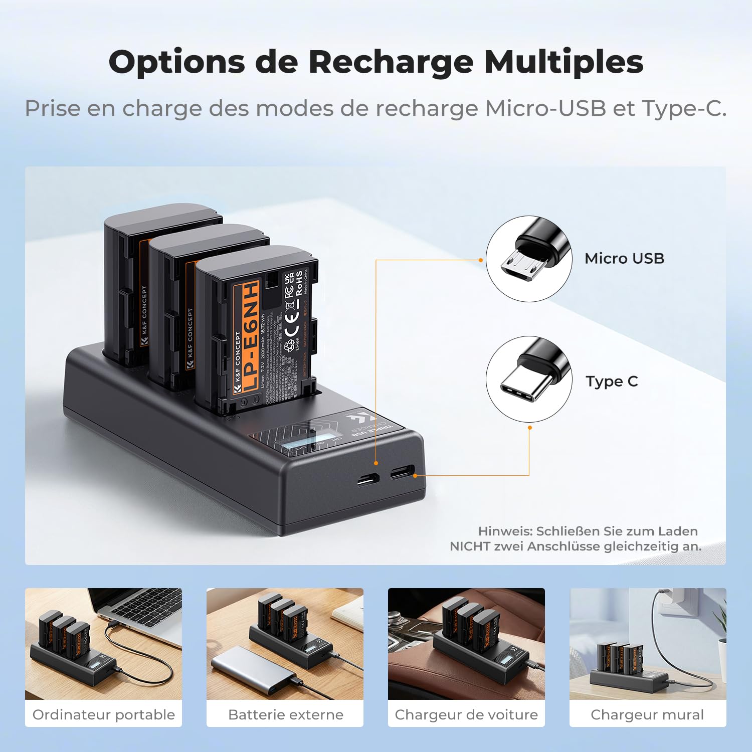 K&F CONCEPT 3-Pack LP-E6NH Batterie et Chargeur Compatible Canon EOS R7 R6 R5 2600mAh