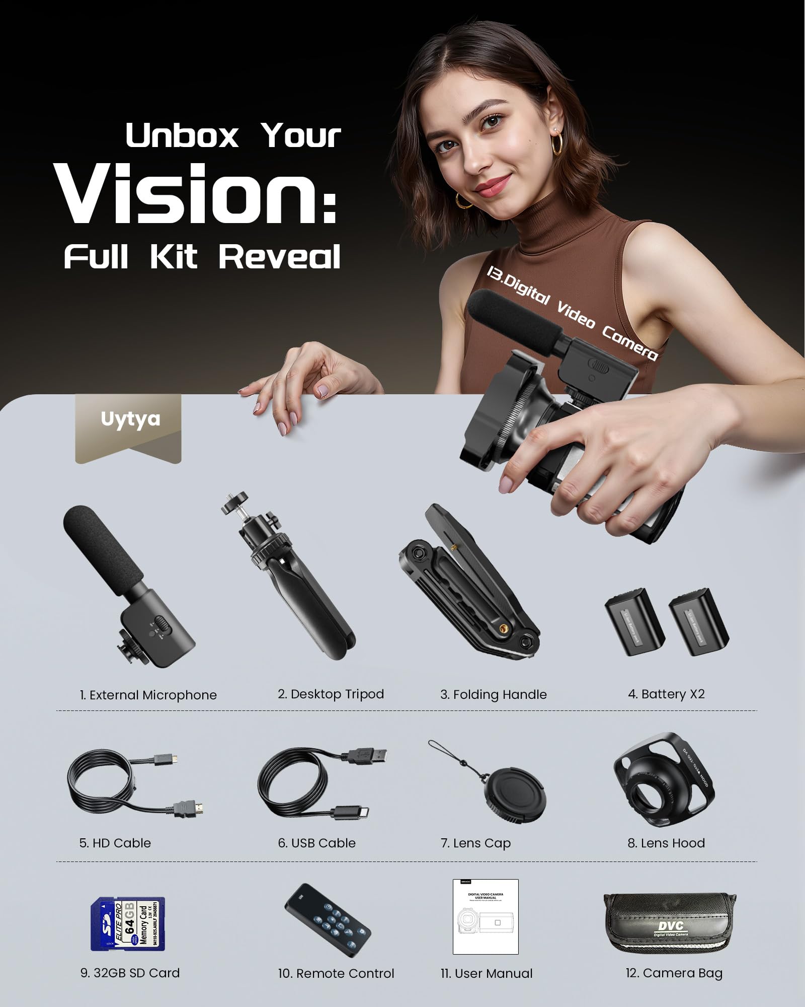 Videocámara 5K, cámara UHD de 64 MP para YouTube con pantalla táctil giratoria de 3 pulgadas y 270°, cámara digital con visión nocturna IR, zoom de 16x, WiFi, cámara web, HD