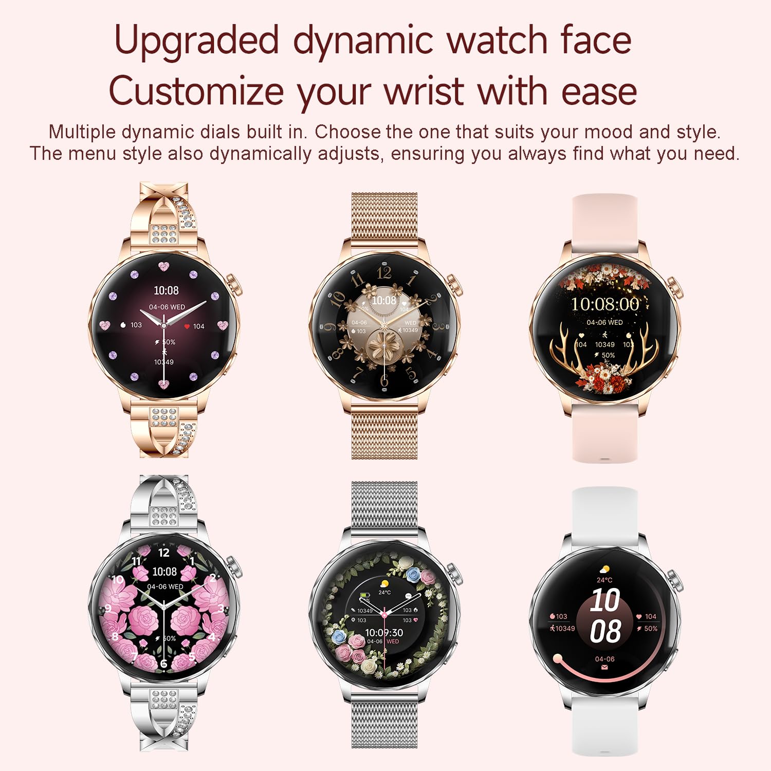 Reloj inteligente para mujer con función de teléfono, pantalla de 1.27 pulgadas, pulsera de metal y correa de silicona, frecuencia cardíaca/SpO2/presión arterial/monitor de sueño, seguimiento de ciclo