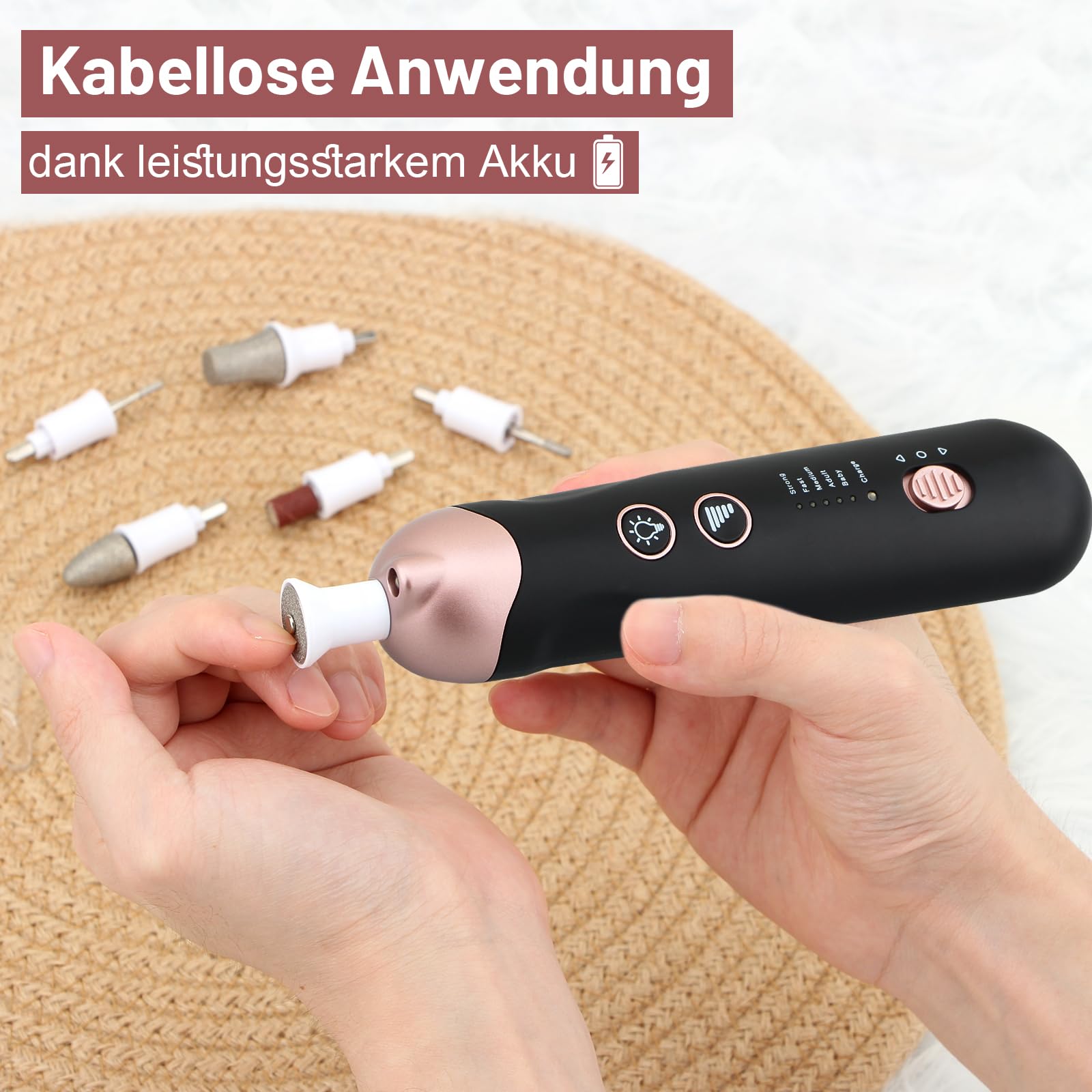 AOMEES - Juego de fresas de uñas eléctricas para manicura y pedicura, con 9 cabezales para el cuidado de las uñas, con 5 velocidades, luz LED, bolsa de almacenamiento