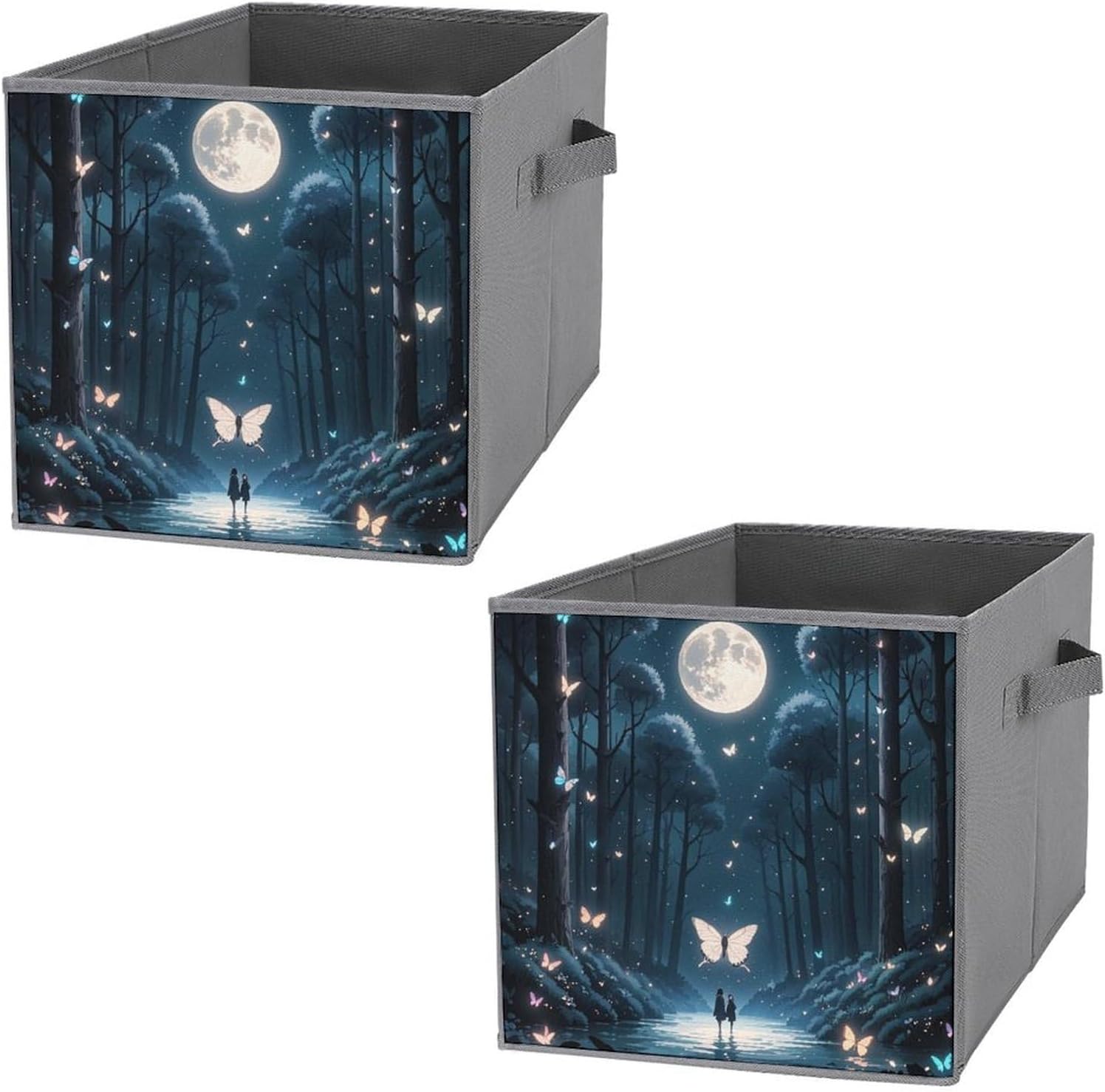 Black Light Fantasy Forest Foldable Storage Box with Handles, Durable Oxford Storage Cubes, 2PCS Collapsible Closet Organizer for Home, Shelf, Office, Travel