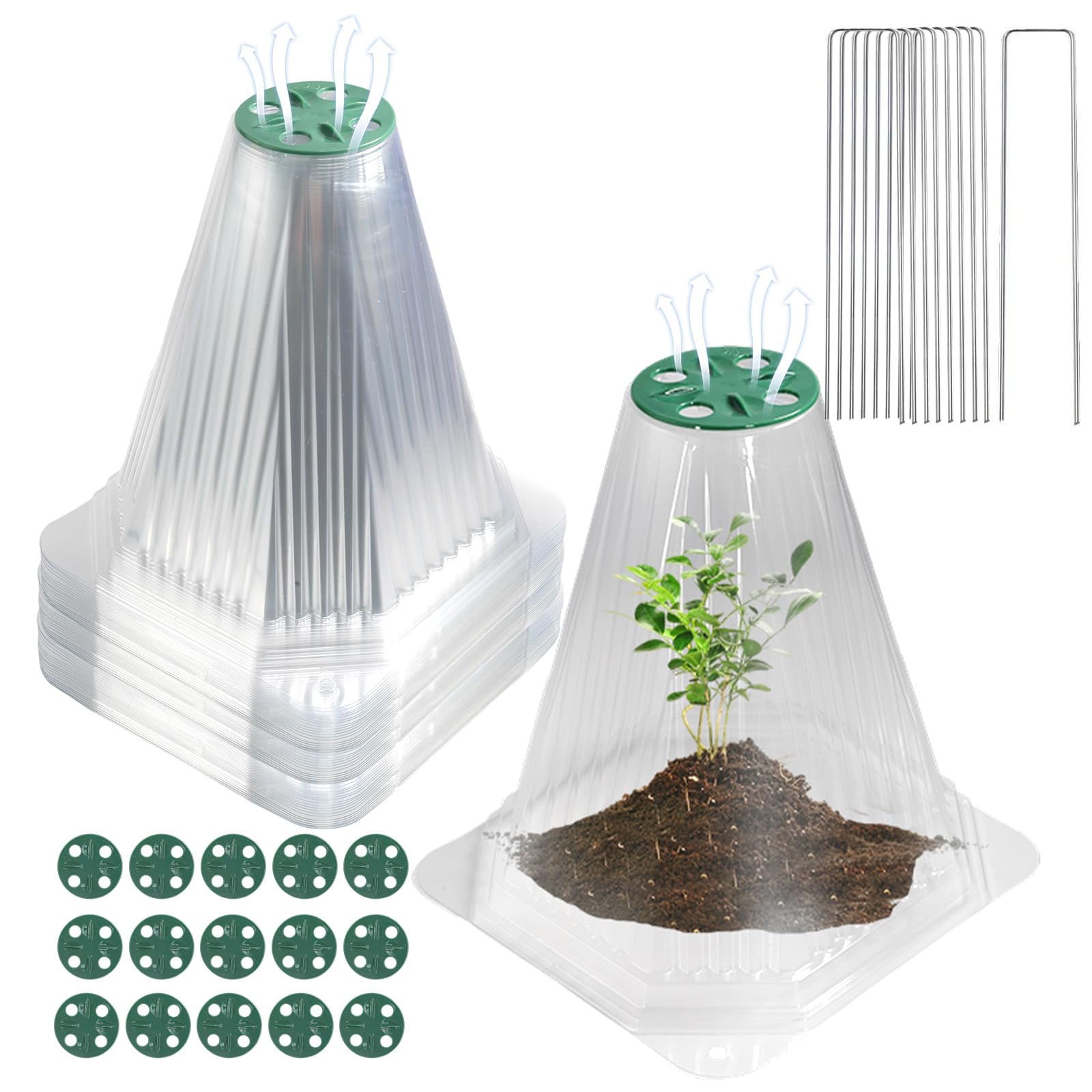 Paquete de 20 campanas de jardín para plantas con 40 estacas, cubiertas transparentes de 7.9 pulgadas, protección contra la congelación, campanas de jardín reutilizables para invernadero con