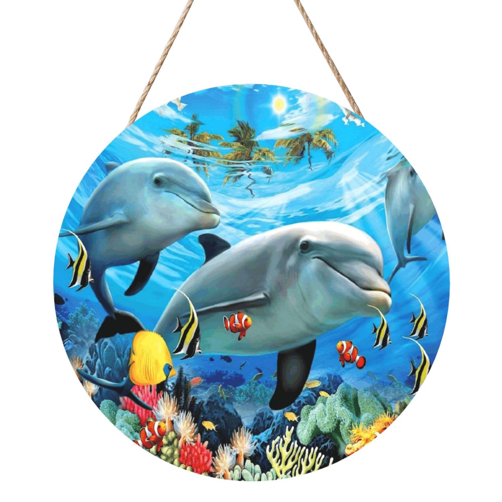 InOmak Underwater Dolphin, Round Wood Panel Painting 12 in, Wall Hanging Painting For Home