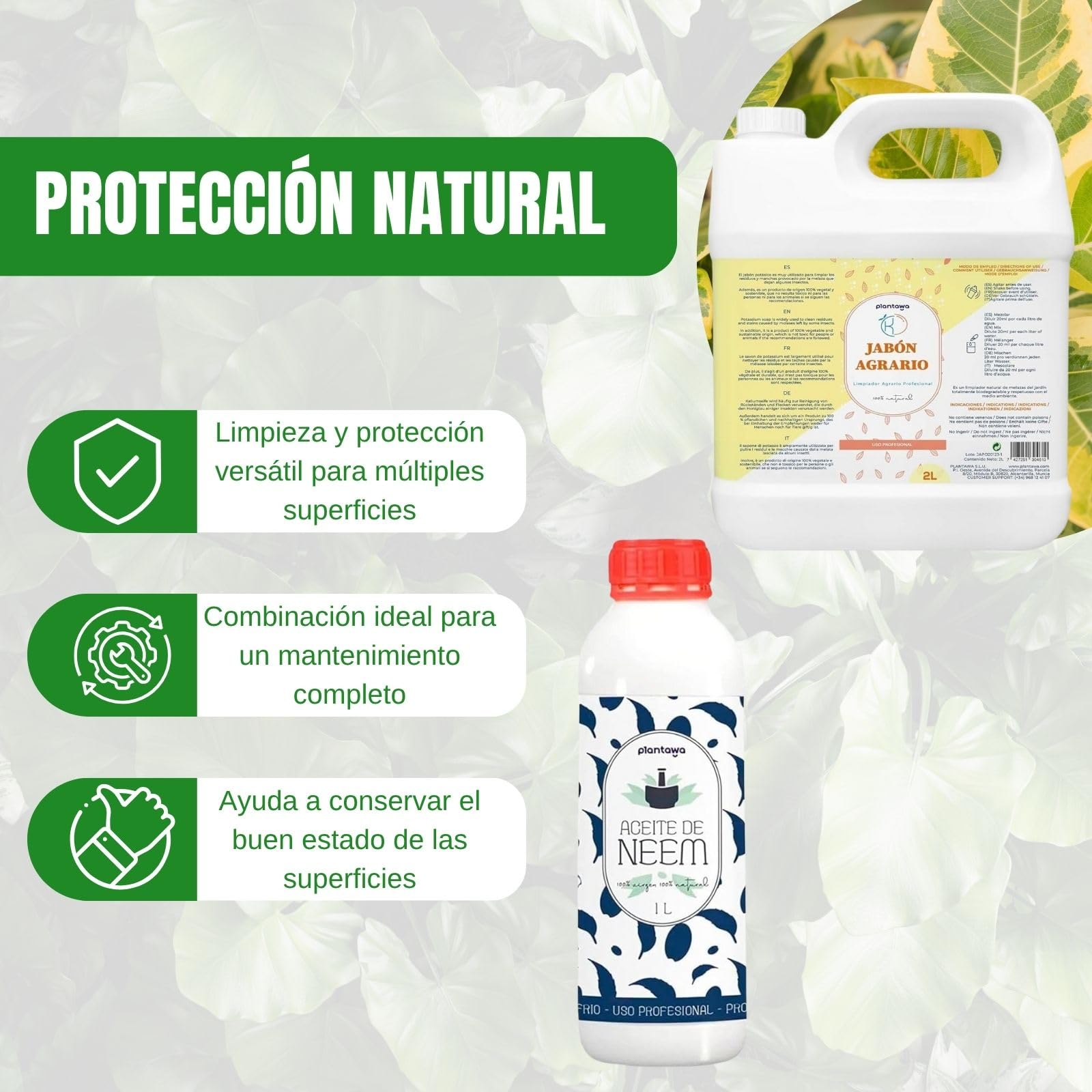 PLANTAWA Pack Ahorro Jabón Potásico 2L + Aceite de Neem 1L | Solución Multiusos | Fácil Aplicación y Máxima Eficacia | Versátil | Uso en Interior y Exterior | Productos de origen natural