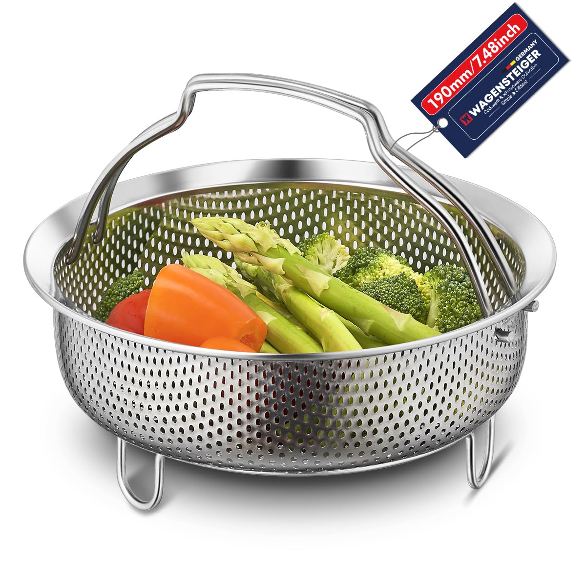 On-the-go Instant Steamer Basket with handles & Feet, Premium SUS304 Stainless Steel Construction, Multipurpose Perforated Strainer Colander Basket for Fruits & Vegetables (7.1" Diameter)