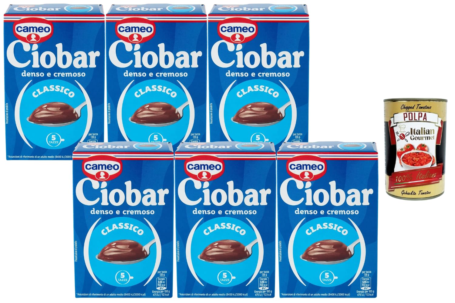 Italian Gourmet Ciobar Classico Chocolat Cameo – Chocolat Chaud Épais & Crémeux, Préparation en Poudre pour Boisson Cacao, Lot de 6 x 125 g (750 g) + Italian Gourmet Polpa
