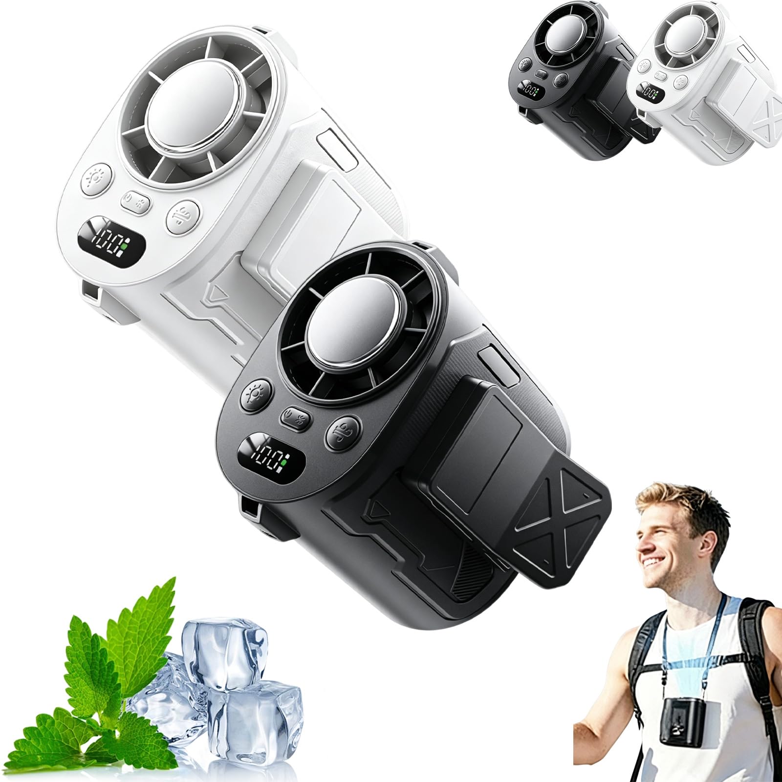 Ventilatore portatile con clip di raffreddamento per ghiaccio con batteria da 6000 mAh, ventilatore USB ricaricabile con display LED, piccolo e forte flusso d'aria, per passeggino, campeggio, ufficio