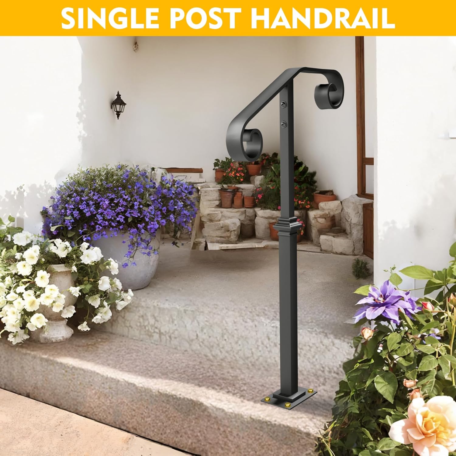 Handrails for Outdoor Steps, 1-2 Step Single Post Handrail, 38" H Rustproof Wrought Iron Stair Railing with Assembly Tool Kit for Concrete Steps, Wood Steps, Black