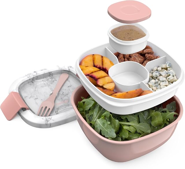 Bentgo Salad - Stackable Lunch Container with Large 54-oz Salad Bowl, 4-Compartment Bento-Style Tray for Toppings, 3-oz Sauce Container for Dressings, Built-in Reusable Fork & BPA-Free (Blush Marble)