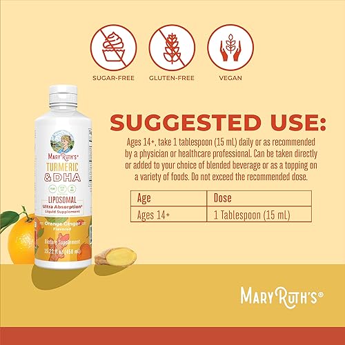 Miniatura 3 de MaryRuth Organics - Vitamina líquida de cúrcuma y DHA, suplemento vegano de absorción mejorada para mantenimiento cognitivo, mejora del estado de