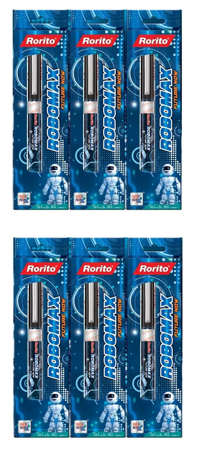 Rorito Robomax Roller Pens 3 Blue 3 Black Set of 6 pens 0.7 MM Meta Matel Tip Waterproof ink, Robotic fins for controllered ink flow for fast and smooth writings. Larger ink tank for Longer Writing.