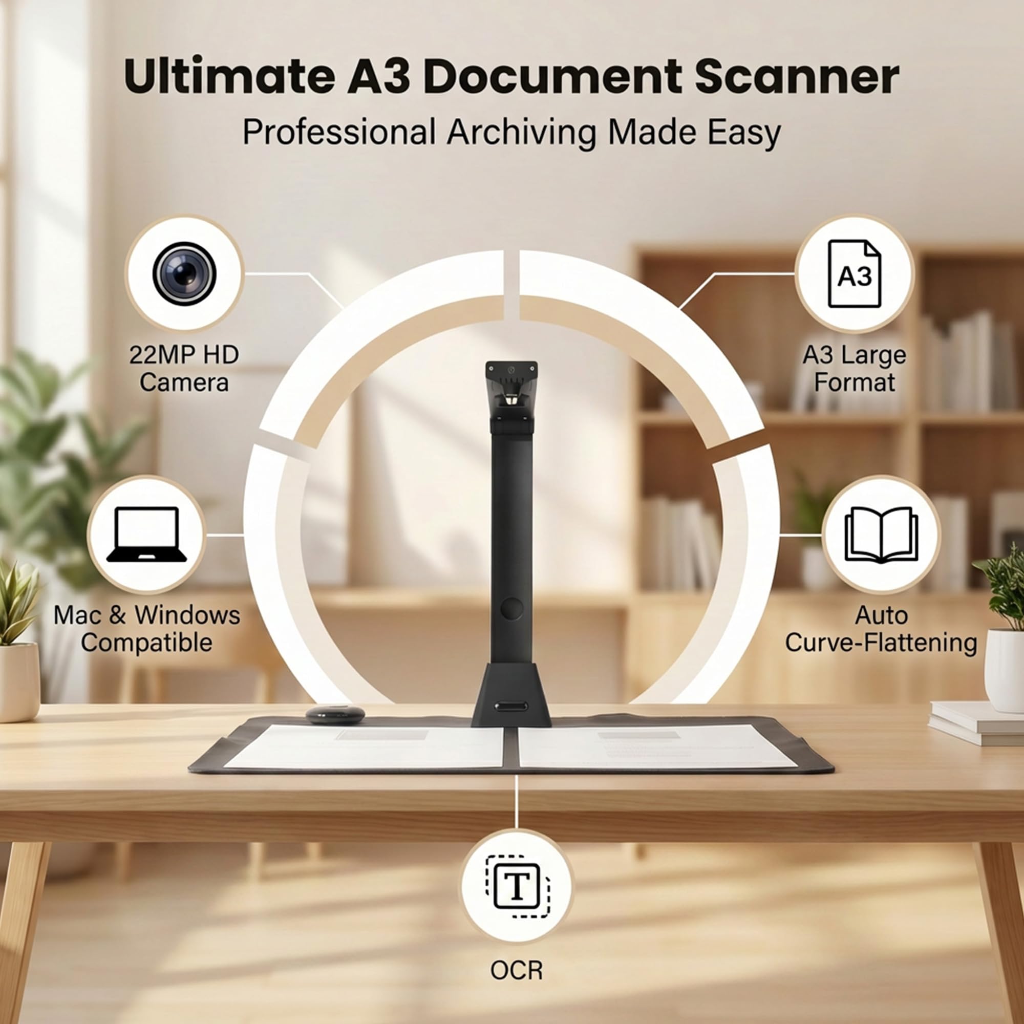 Scanner de Documents A3: 22 MP OCR 130 Langues Caméra Document USB 4 LED Scanner Livre pour Bureau École Archives Home Office