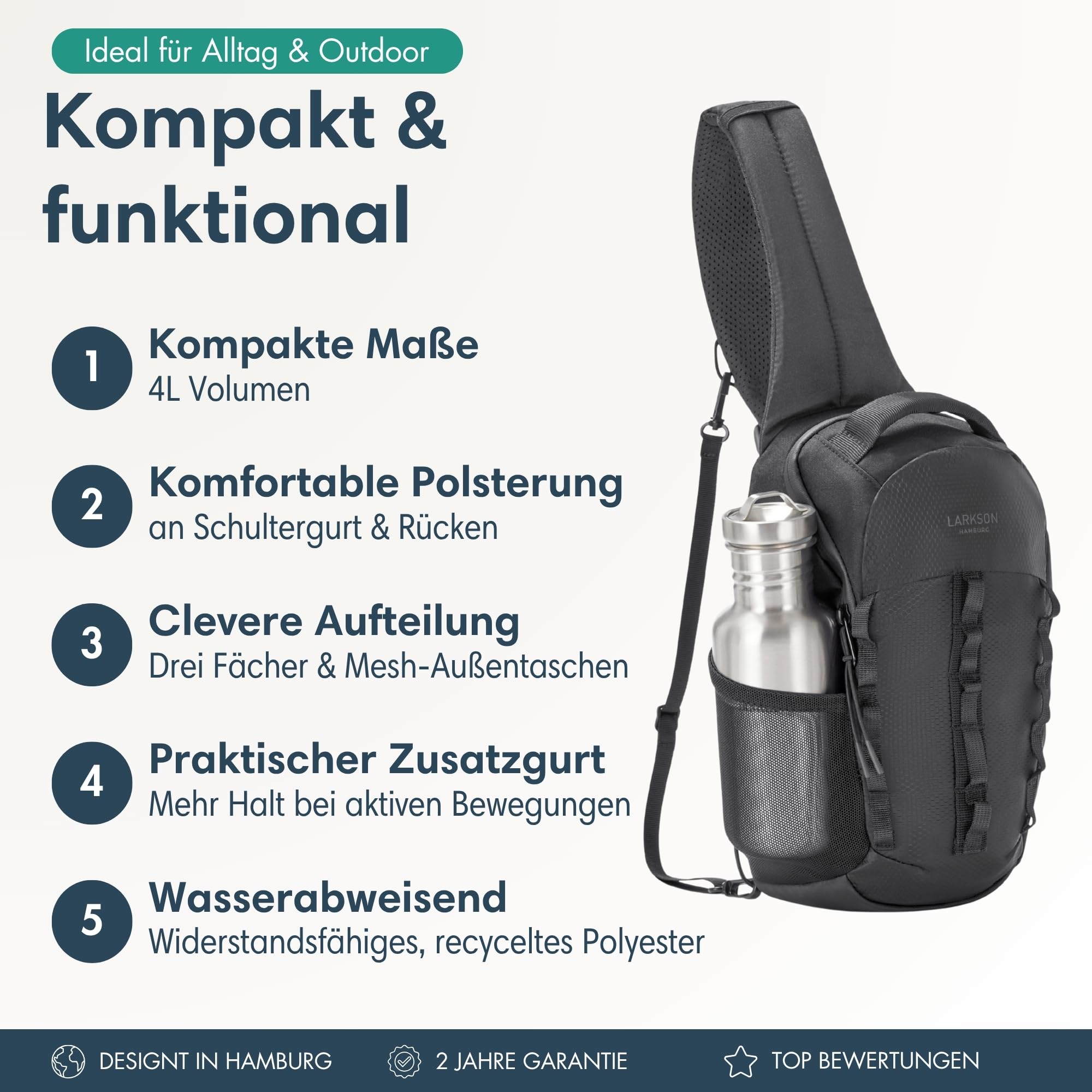 LARKSON Sling Bag Herren & Damen Schwarz - Klint - Funktionale Crossbody Schultertasche für Wandern Outdoor Fahrrad - 4 Liter Volumen - Wasserabweisend & Wasserfester Reißverschluss