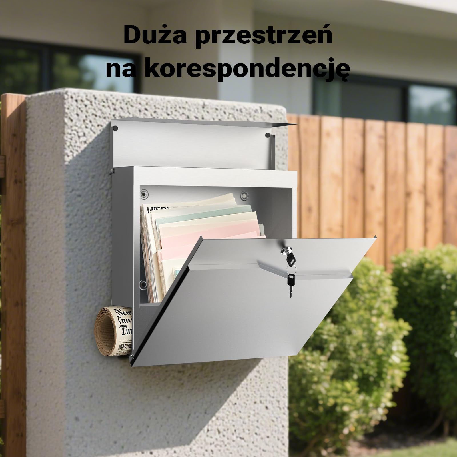 Wiltec Skrzynka na listy stal nierdzewna V19 z ukrytym zamkiem, nowoczesna skrzynka pocztowa do montażu na ścianie i stojaku, miejsce na gazety