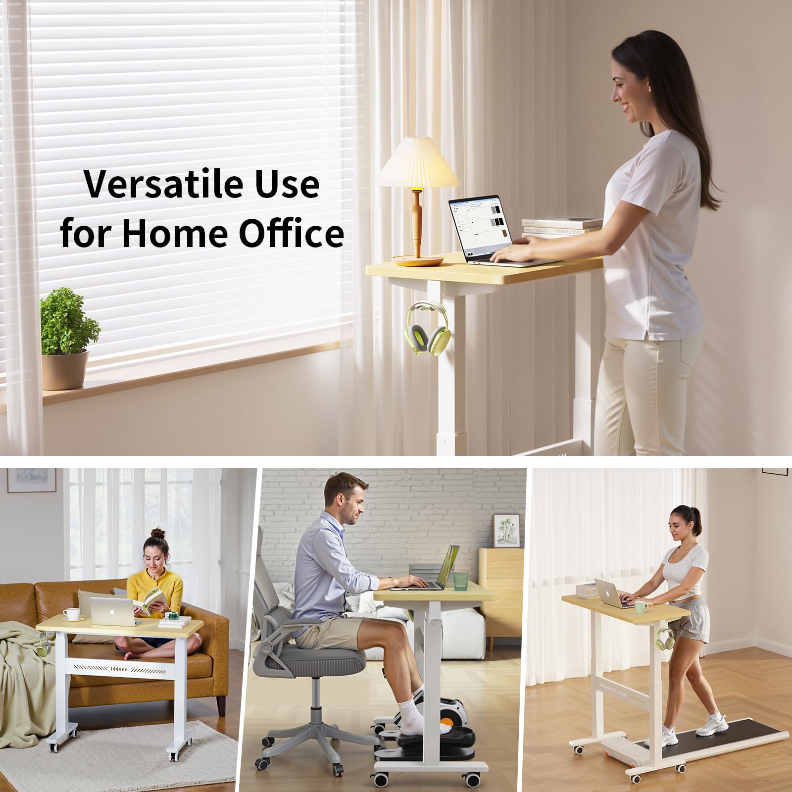 WALKINGDESK Bureau Mobile Réglable en Hauteur, 80 × 40 cm, Table de Lit avec roulettes Portable, Pneumatique Table Roulante Mobile pour Canapé, Lecture ou Travail, Chêne