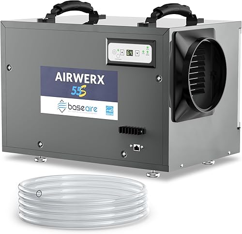 BaseAire AirWerx55 - Deshumidificador para sótano de espacio de gateo, deshumidificador comercial de 120 pintas con manguera de drenaje continuo,