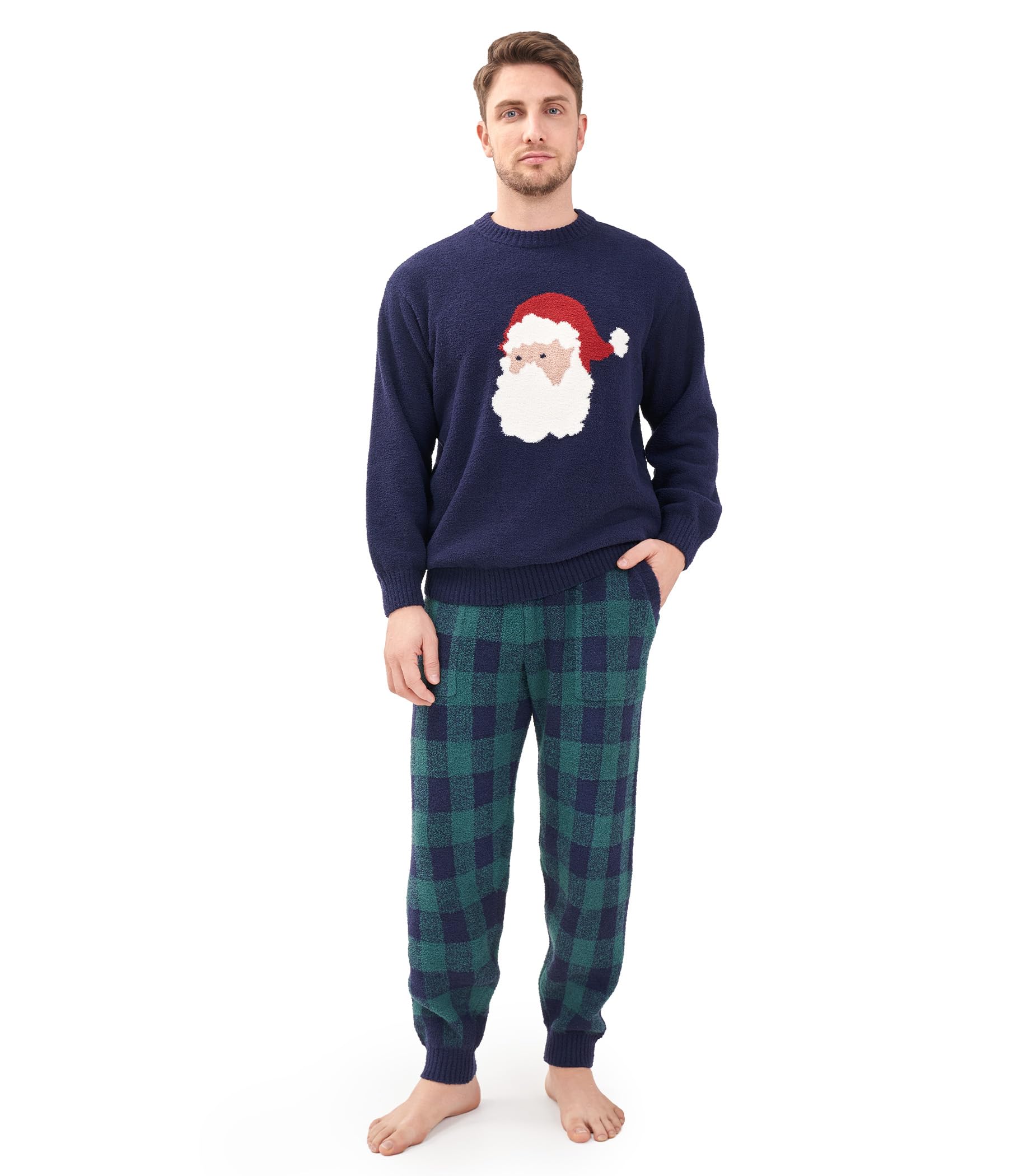 DAVID ARCHY Conjunto de pijama de forro polar para hombre, pijama de Navidad suave para invierno, ropa de dormir de manga larga con pantalones a cuadros