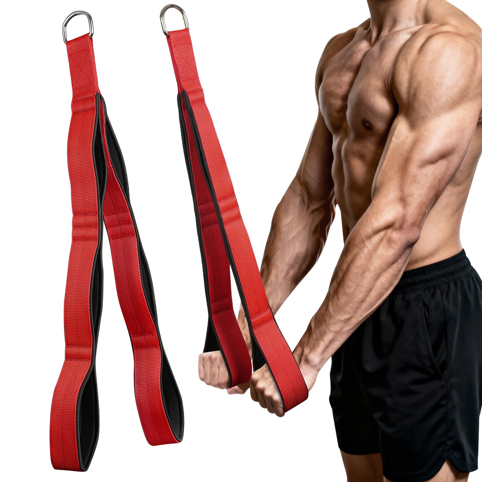 AOOSA Tricep Rope Cable Attachment, Heavy Duty Rope for Push Downs, Cable Overhead Presses with 3 Lengths of Handles, Multi Gym Accessory for Face Pulls, Overhead Press, Full-Body Exercises - Red