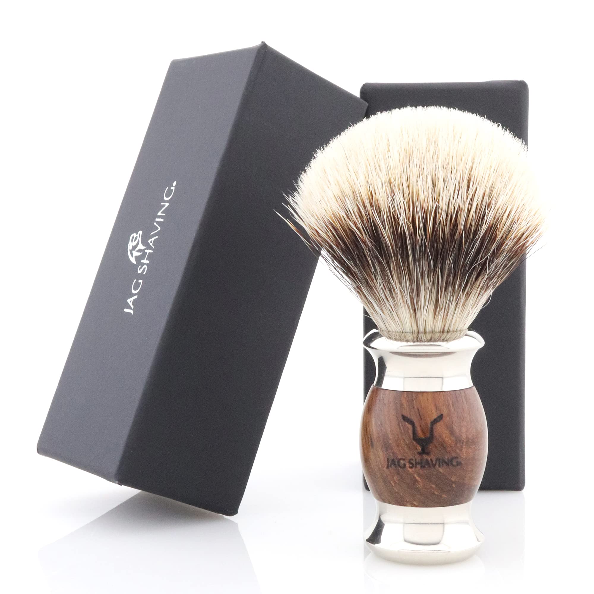 Jag Shaving Rasierset - JAG's LEE Range 4-teiliges Rasierset - Silberspitz Dachshaar Rasierpinsel - 5 Rasierklingen Rasierhobel - Rasierständer aus Edelstahl und Holz - Rasierschale - Holz Set