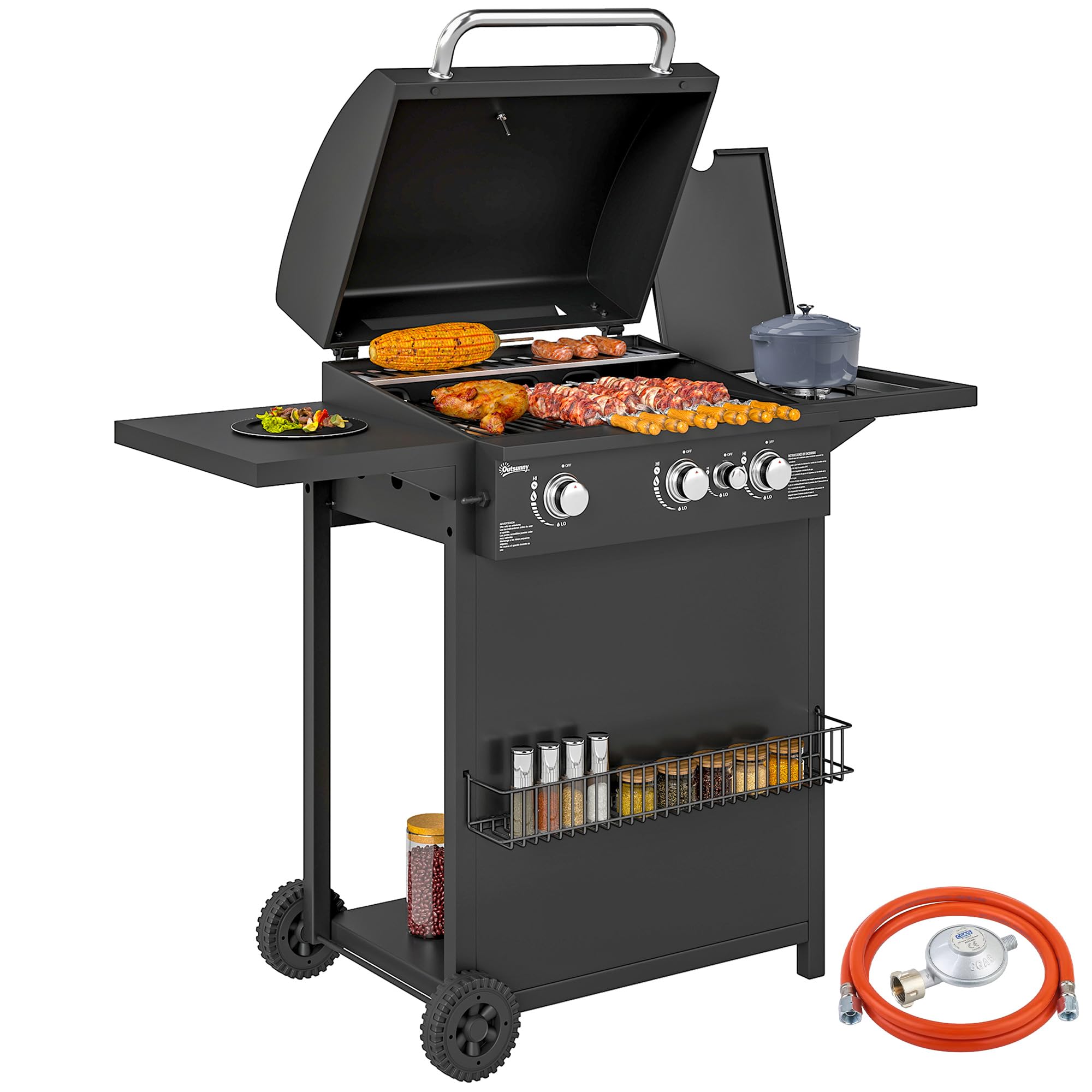 Outsunny Barbecue a Gas in Acciaio 3+1 Bruciatori, Coperchio, Termometro, Ruote, Nero