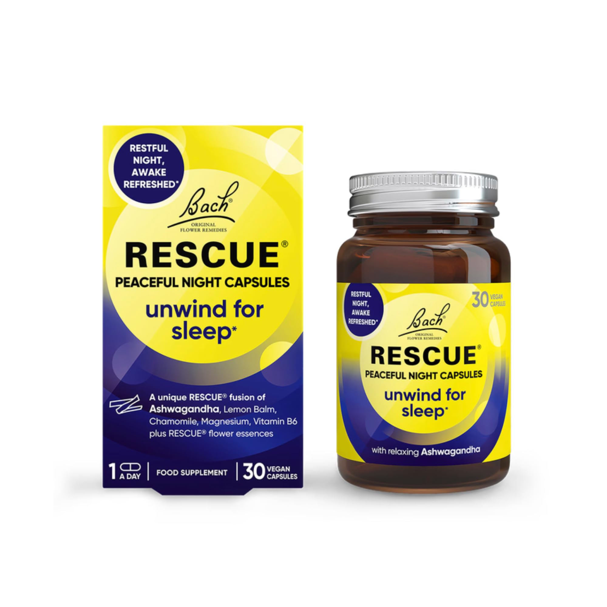 Rescue Peaceful Night Capsules | Natural Sleep Support | Bach Original Flower Essences | Ashwagandha KSM-66 | Magnesium | Chamomile | Vitamin B6 | 30 Vegan​ Capsules