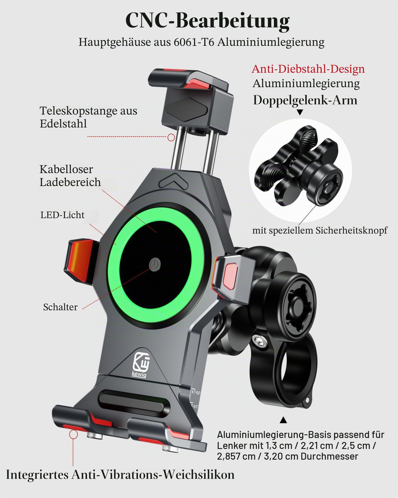 BRCOVAN Metall Motorrad Handyhalterung mit Qi 15W Drahtloses Ladegerät | mit Vibrationsdämpfer, Aluminiumlegierung, Einstellbar Outdoor Lenker Handy Halterung für 4,7-7,2 Zoll Smartphone